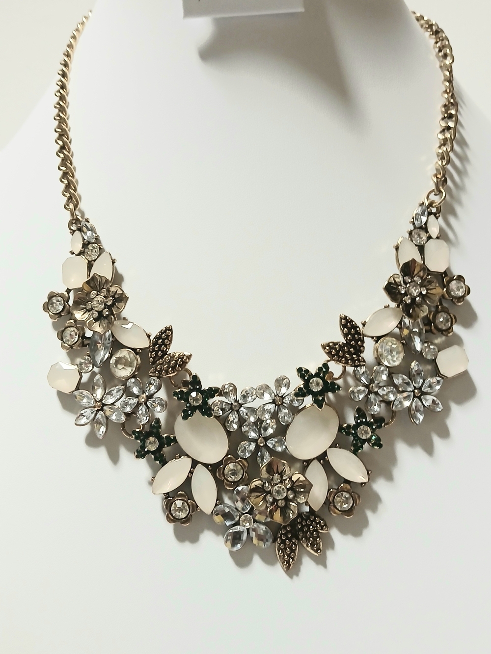 Gold Floral Crystal Necklace with White and Green Accents
